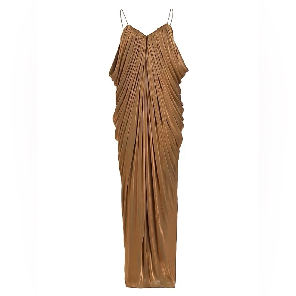HALPERN Waterfall Draped Long Dress Bronze Metallic Column Gown Sweetheart Satin